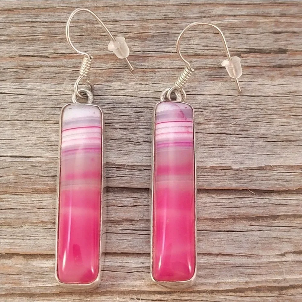 Silver Long Rectangle Pink Agate Bezel Set Dangle Earrings